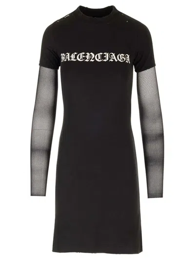Shop Balenciaga Logo Printed Mesh Minii Dress In Black