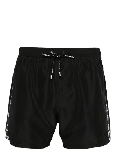 Shop Balmain Logo Drawstring Swim Shorts In Black