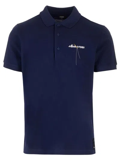 Shop Fendi Made In  Embroidered Short Sleeved Polo Shirt In Blue