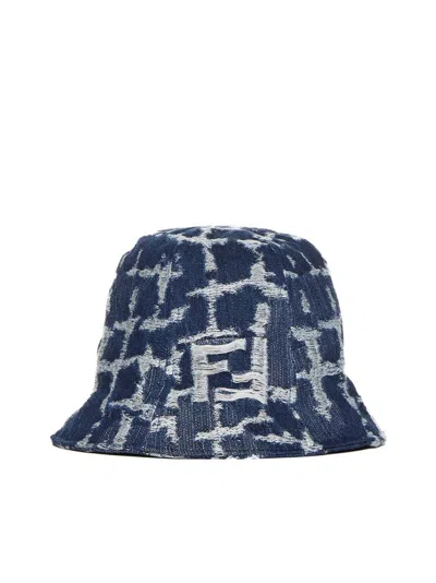 Shop Fendi Ff Jacquard Distressed Denim Bucket Hat In Blue