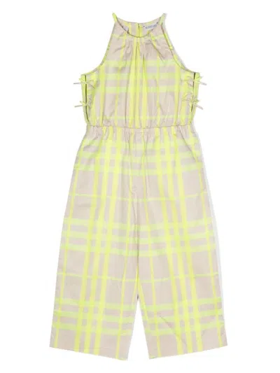 Shop Burberry Kids Checked Gathered Neckline Sleeveless Jumpsuit In Multi