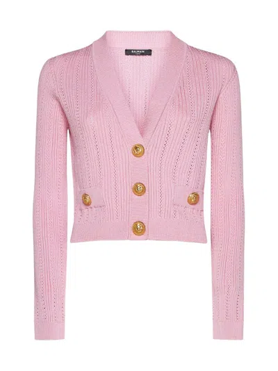 Shop Balmain Cropped Knit Cardigan In Pink