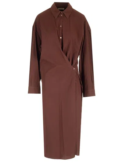 Shop Lemaire Asymmetric Twisted Midi Shirt Dress In Brown