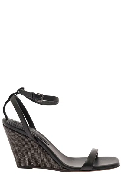Shop Brunello Cucinelli Ankle Strap Wedge Sandals In Black