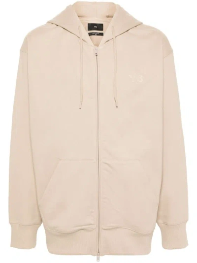 Y-3 Logo Printed Zipped Hoodie In Neutrals
