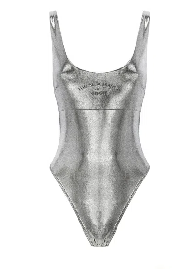 Shop Elisabetta Franchi Logo Printed Scoop Neck Metallic Bodysuit In Silver