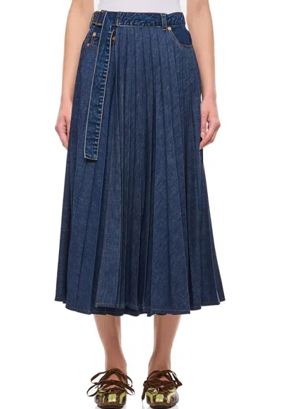 Shop Sacai Pleated Midi Denim Skirt In Blue