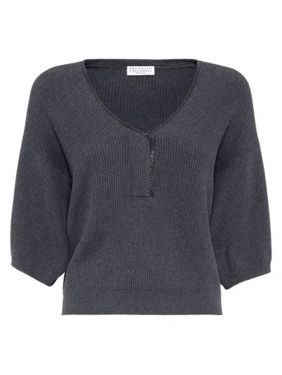 Shop Brunello Cucinelli Women's Cotton Short Sleeve Sweater In Lead