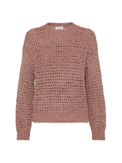 Shop Brunello Cucinelli Women's Silk And Linen Net Sweater In Pink