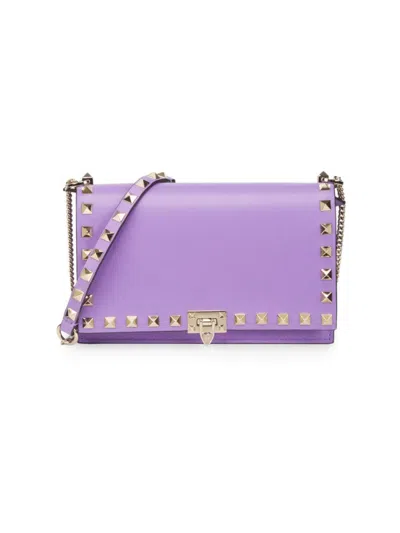 Shop Valentino Women's Rockstud Leather Pouch-on-chain In Purple