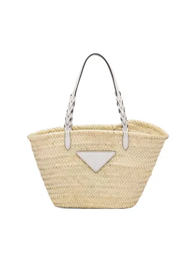Shop Prada Women's Woven Palm And Leather Tote In Beige White