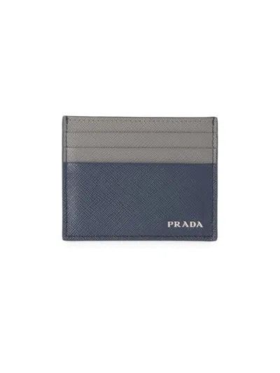 Shop Prada Men's Saffiano Leather Card Holder In Blue