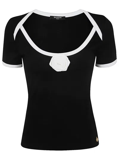 Shop Balmain Ss Rose Detail Open Collar T-shirt Clothing In Black