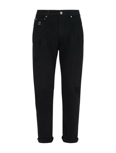 Shop Brunello Cucinelli Straight Jeans With Embroidery In Black