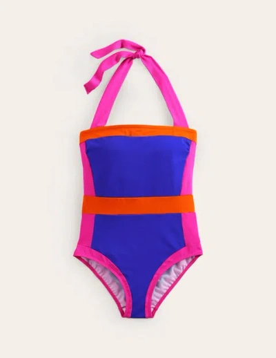 Shop Boden Santorini Halterneck Swimsuit Blue/pink Colourblock Women