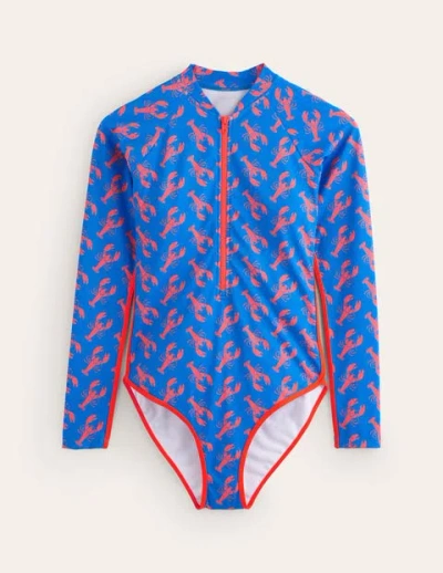 Shop Boden Piped Raglan Sleeve Swimsuit Indigo Bunting, Lobster Women