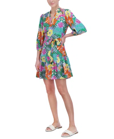 Shop Jessica Howard Women's 3/4-sleeve V-neck A-line Dress In Multi