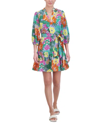 Shop Jessica Howard Women's 3/4-sleeve V-neck A-line Dress In Multi