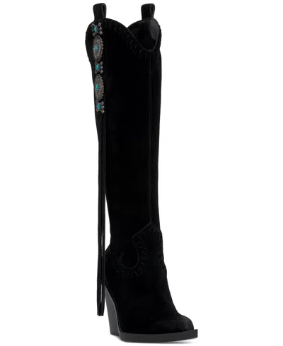 Shop Jessica Simpson Women's Lisabeth Knee-high Fringe Cowbow Boots In Black Suede
