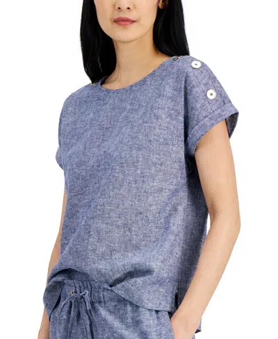 Shop Anne Klein Women's Linen-blend Button-shoulder Short-sleeve Top In Dstnt Mt,b