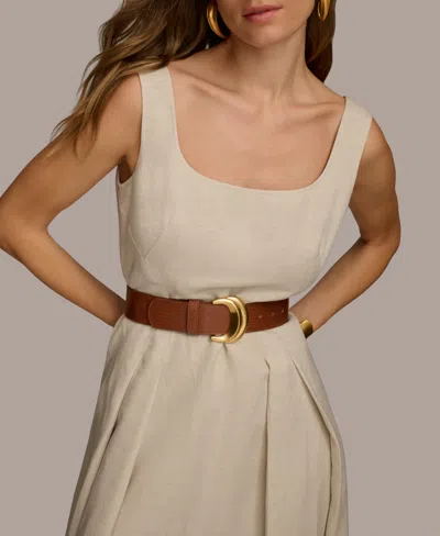 Shop Donna Karan Women's Belted Linen-blend Sleeveless Fit & Flare Dress In Natural