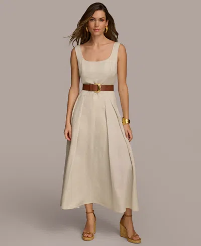 Shop Donna Karan Women's Belted Linen-blend Sleeveless Fit & Flare Dress In Natural