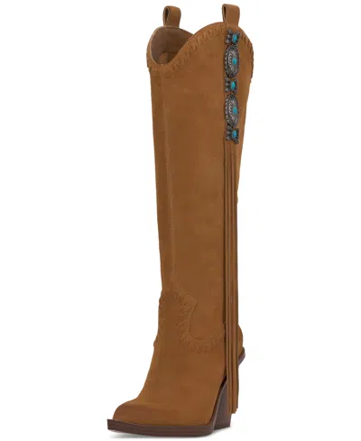 Shop Jessica Simpson Women's Lisabeth Knee-high Fringe Cowbow Boots In Brown Sugar Leather