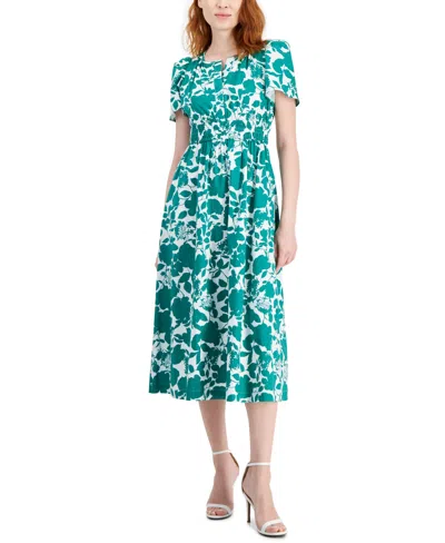 Shop Anne Klein Women's Printed Split-neck Short-sleeve Midi Dress In Green,white