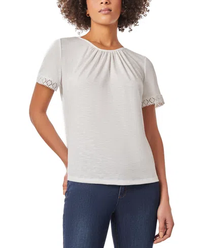 Shop Jones New York Petite Drapey Textured Lace-trim Top In Nyc White