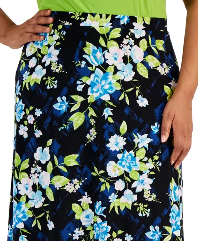 Shop Kasper Plus Size Floral Flared Pull-on Midi Skirt In Black,light Azure
