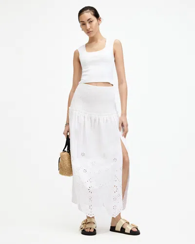 Shop Allsaints Alex Embroidered Broderie Midi Skirt In Off White
