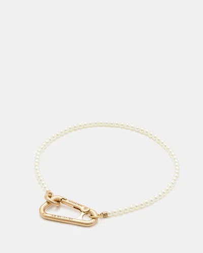 Shop Allsaints Pearl Carabiner Clasp Necklace In Warm Brass/white
