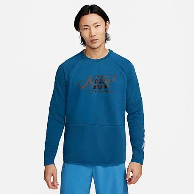 Shop Nike Men's Dri-fit Fitness Just Keep Growing Graphic Crewneck Sweatshirt In Court Blue/court Blue/black