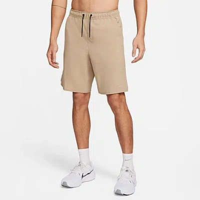 Shop Nike Men's Unlimited Dri-fit 9" Unlined Versatile Shorts In Khaki/black/khaki