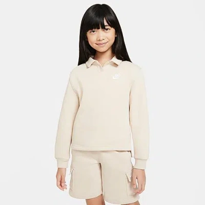 Shop Nike Girls' Sportswear Club Fleece Long-sleeve Polo Shirt In Sanddrift/sanddrift/white