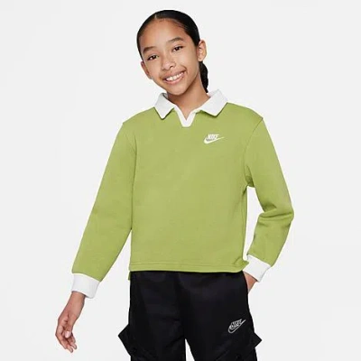Shop Nike Girls' Sportswear Club Fleece Long-sleeve Polo Shirt In Pear/white/white