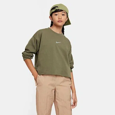 Shop Nike Girls' Sportswear Dri-fit Crewneck Sweatshirt In Medium Olive