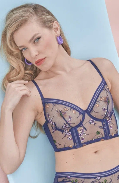 Shop Huit Insouciante Embroidered Demi Bustier In Marine