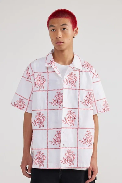 Shop Bdg Floral Windowpane Embroidered Shirt Top In Lucent/true Red, Men's At Urban Outfitters