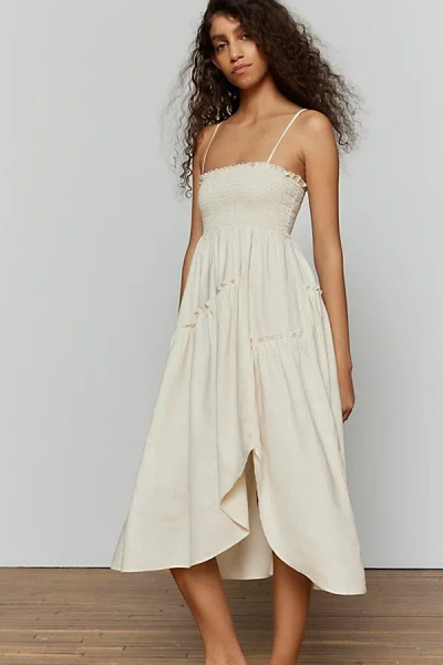Shop Urban Renewal Ecovero️ Linen Asymmetrical Smocked Midi Dress In Cream At Urban Outfitters
