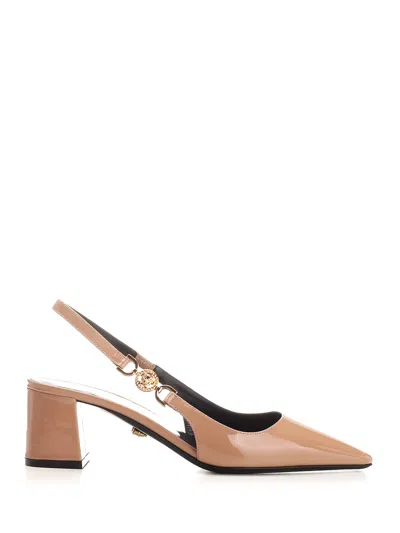 Shop Versace Patent Leather Sling Back In Beige