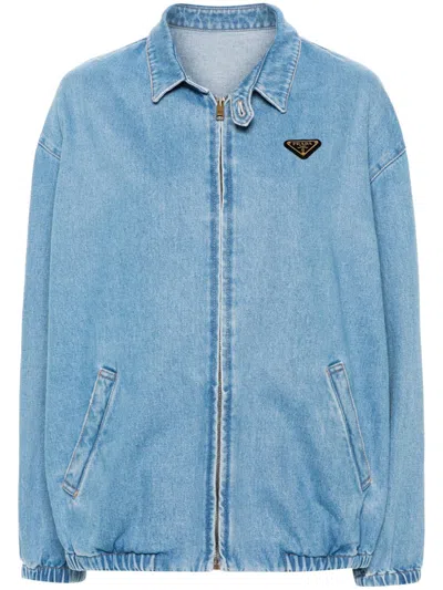 Shop Prada Blue Enamel-logo Denim Jacket In Blau