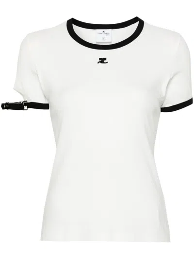 Shop Courrèges Buckle Contrast T-shirt Women White In Cotton