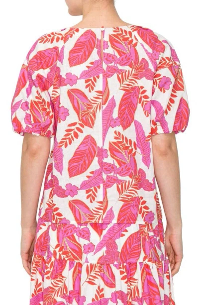 Shop Melloday Tropical Print Puff Sleeve Top In Pink Orange Multi