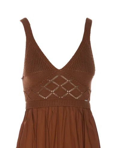 Shop Liu •jo Knit Poplin Dress In Brown