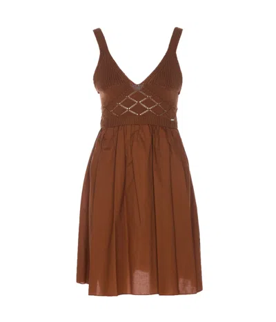 Shop Liu •jo Knitted And Popeline Short Dress In Brown