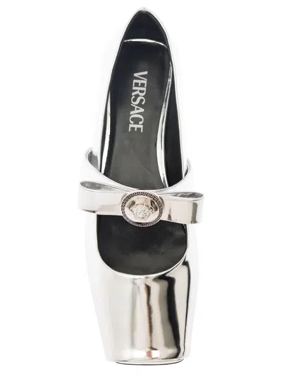 Shop Versace Gianni Ribbon Metallic Silver Ballerinas In Leather Woman