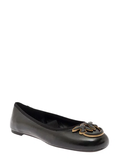 Shop Pinko Black Ballerinas With Black Ribbon In Leather Woman
