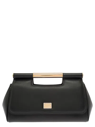 Shop Dolce & Gabbana Sicily Black Handbag With Logo Plaque In Smooth Leather Woman