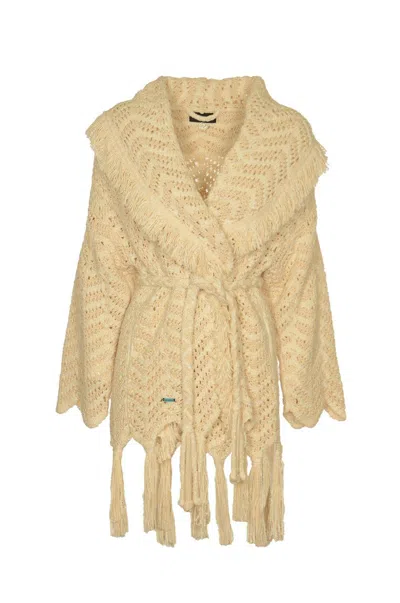 Shop Alanui Belted Waist Fringed Edge Cardigan In Natural